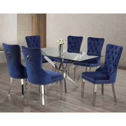 Dining table set with six blue tufted chairs 