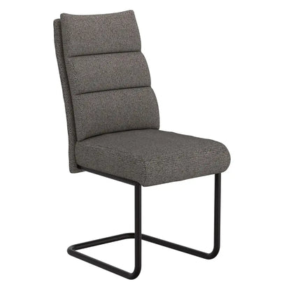 Gray upholstered chair with black metal legs on a white background