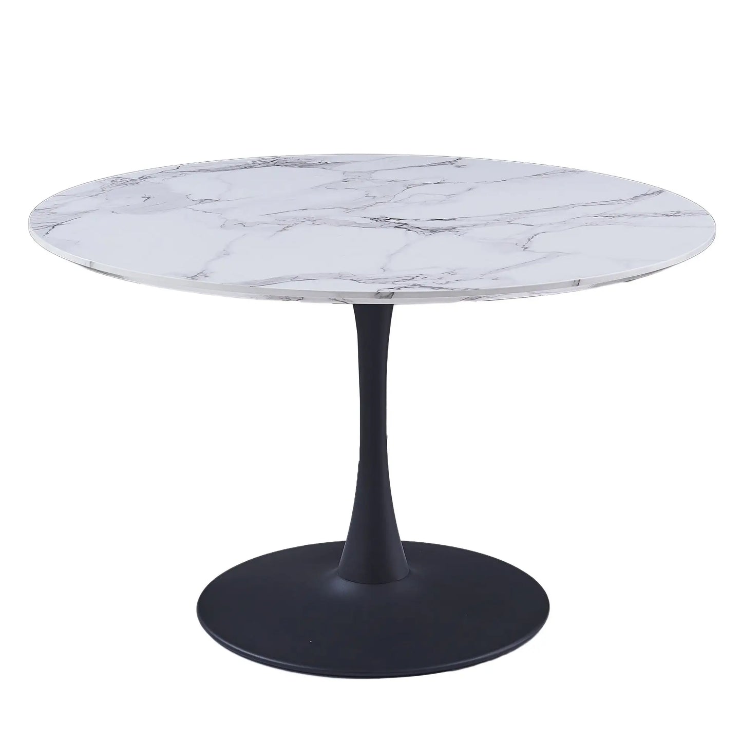 Round table with marble top and black base on a white background