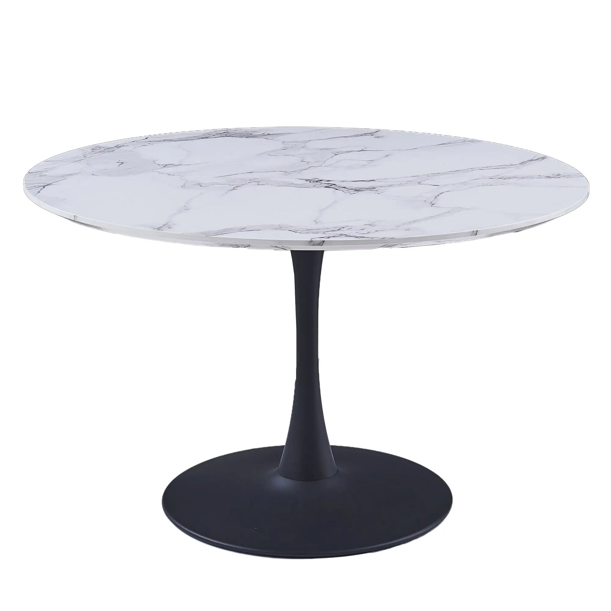 Round table with marble top and black base on a white background