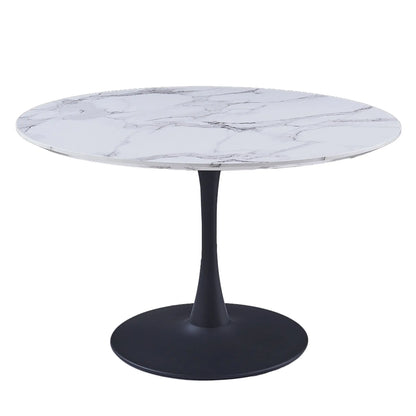 Round table with marble top and black base on a white background