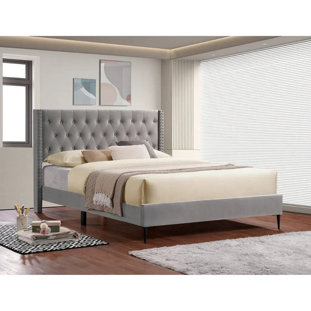 Grey Velvet Double Bed With Wingback Tufted Headboard