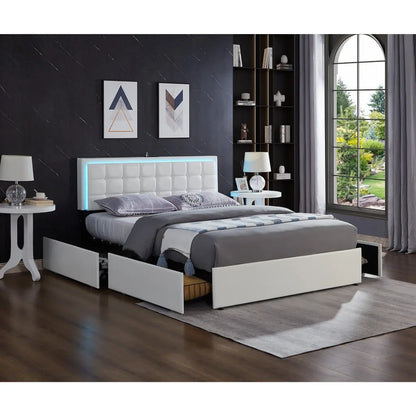White Double Bed with Storage Drawers and LED Lights