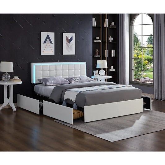 White Double Bed with Storage Drawers and LED Lights