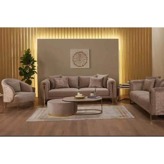 ELIZA Sofa Set – Beige & Gold Fabric Seating with Stainless Steel Legs