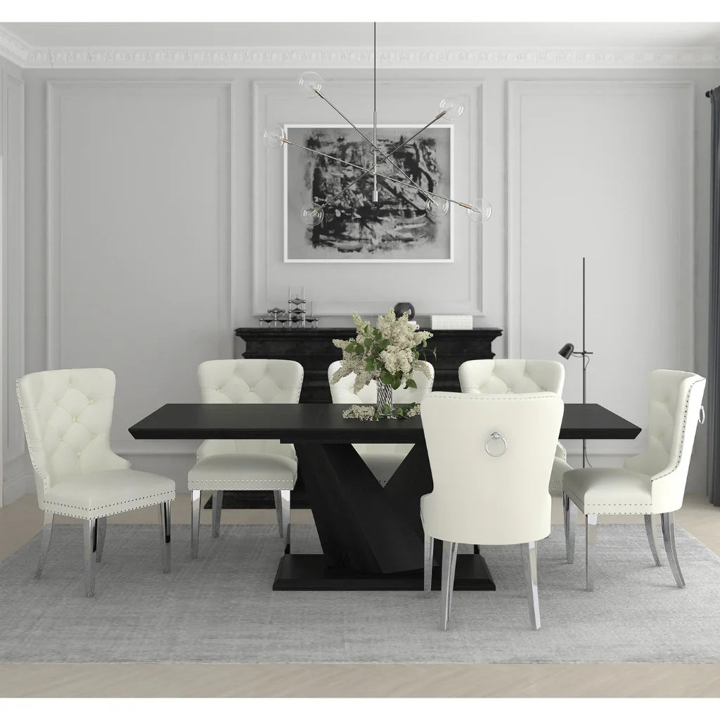 Eclipse/Hollis 7pc Modern Dining Table Set with Ivory Velvet Chairs