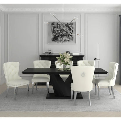 Eclipse/Hollis 7pc Modern Dining Table Set with Ivory Velvet Chairs