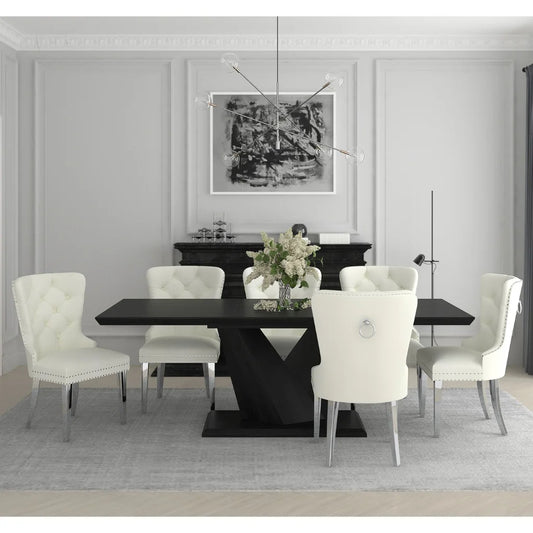 Eclipse/Hollis 7pc Modern Dining Table Set with Ivory Velvet Chairs