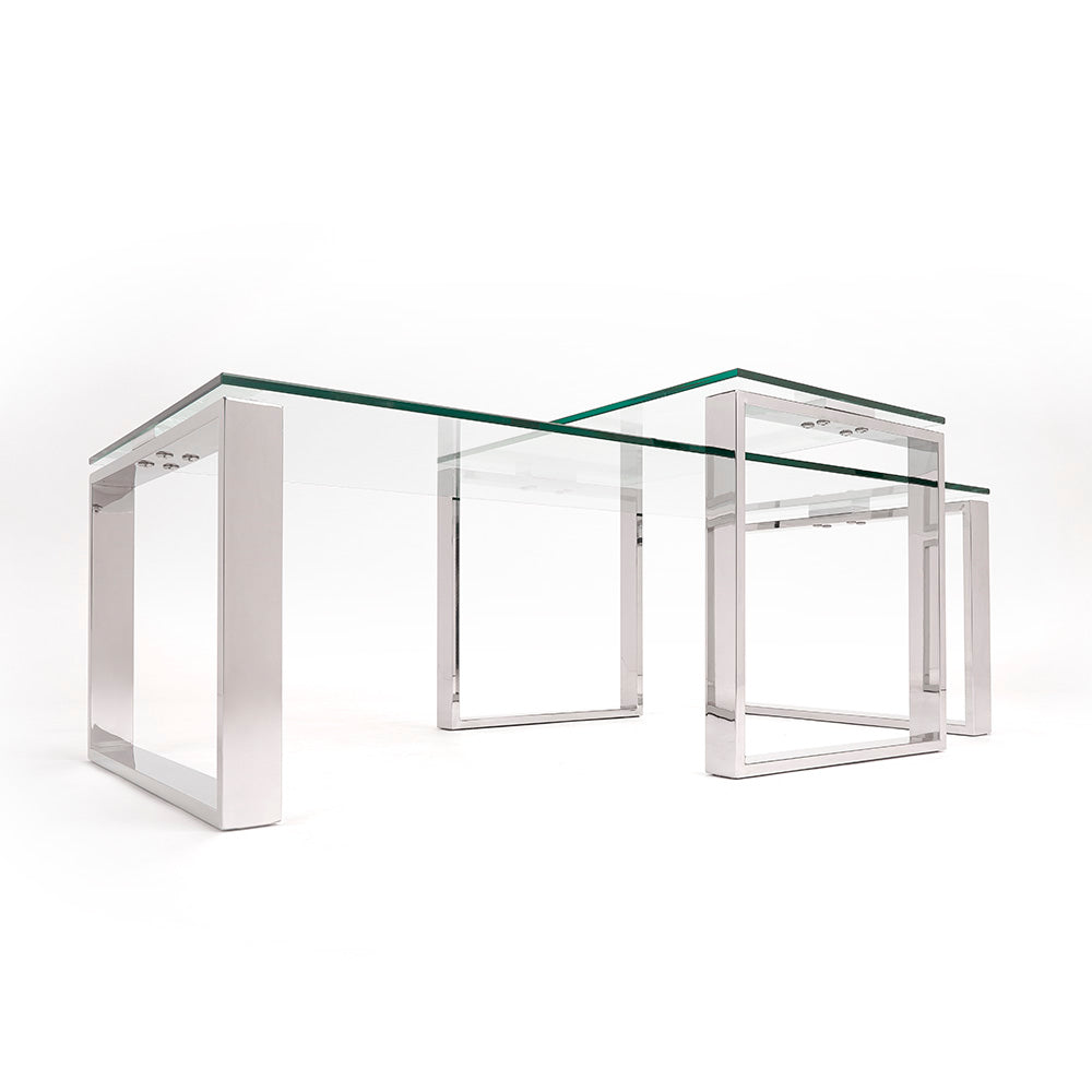 Elegant Glass Nesting Coffee Tables – Polished Steel Base (Set of 2)