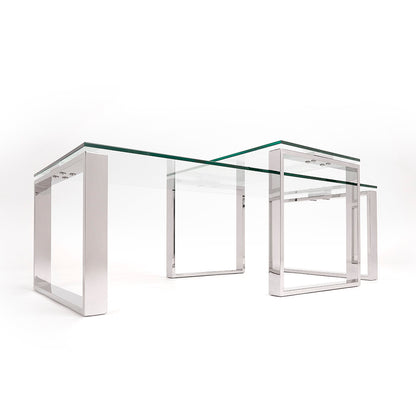 Elegant Glass Nesting Coffee Tables – Polished Steel Base (Set of 2)