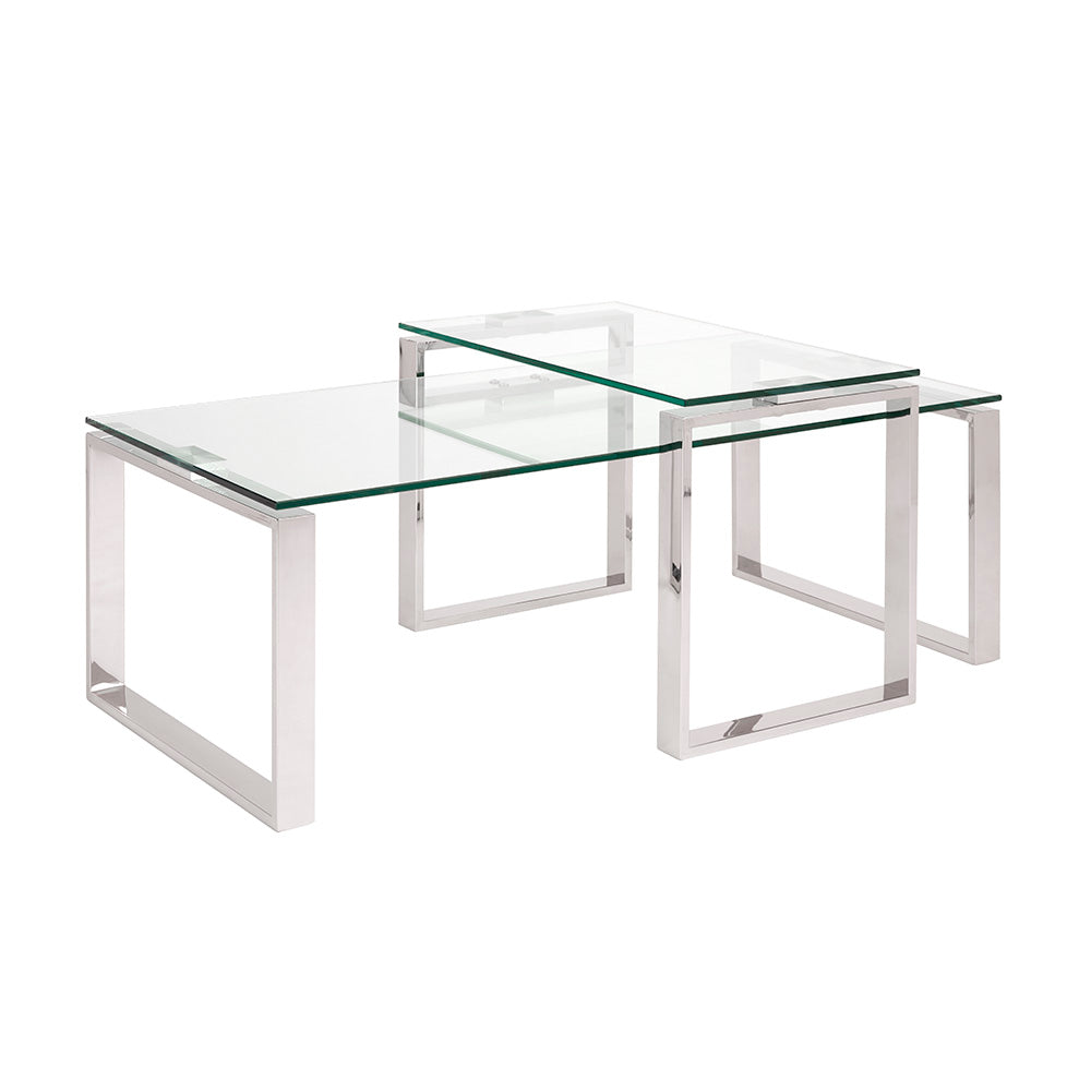 Elegant Glass Nesting Coffee Tables – Polished Steel Base (Set of 2)