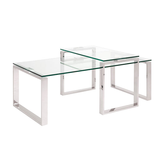 Elegant Glass Nesting Coffee Tables – Polished Steel Base (Set of 2)