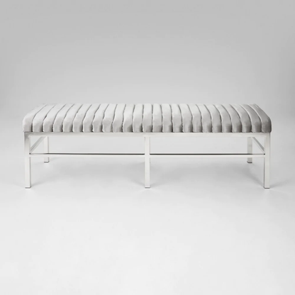 Elegant Grey Velvet Bench with Polished Stainless Steel Frame