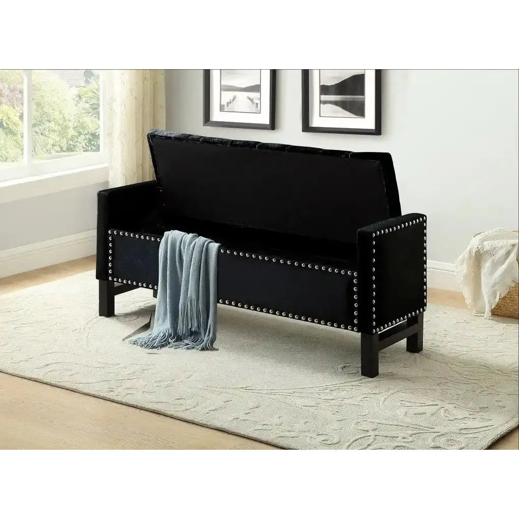 Black Velvet Storage Bench with Hidden Compartment