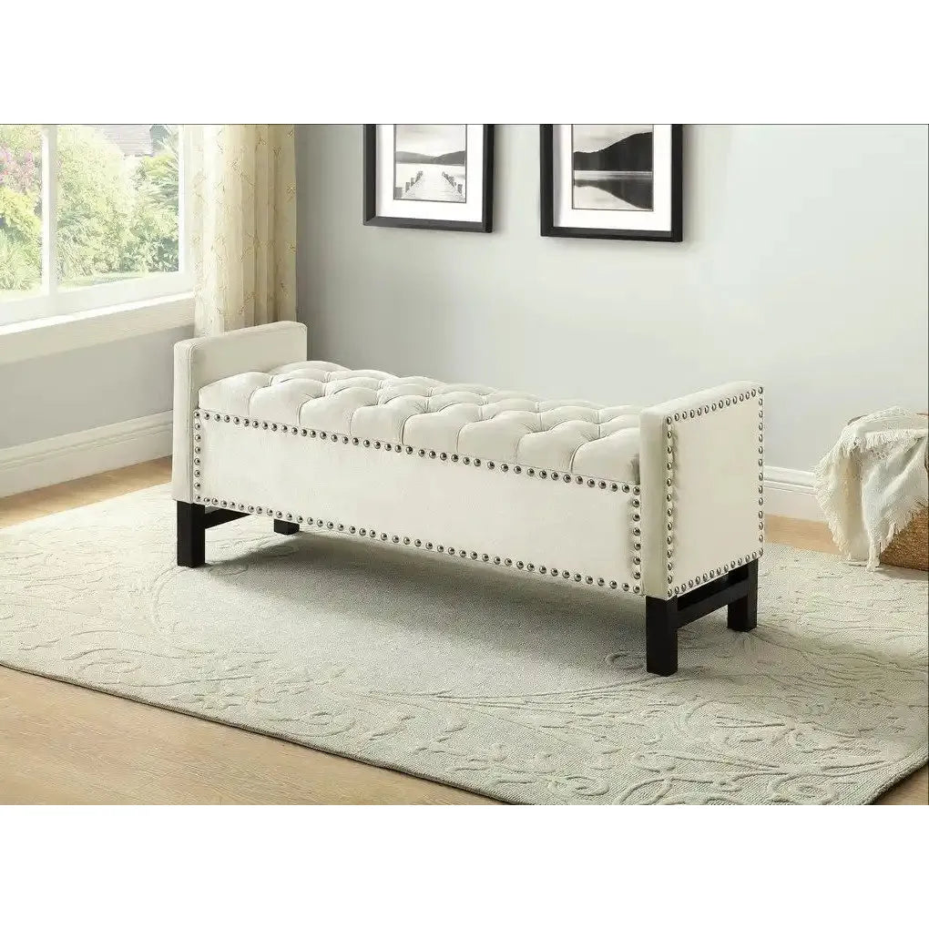 Cream tufted bench with black legs 
