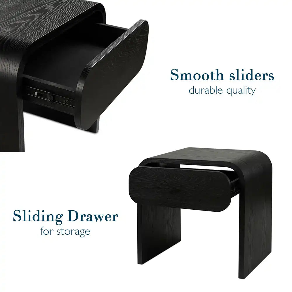Elvis Black Nightstand With Drawer,  U‑Shaped Design