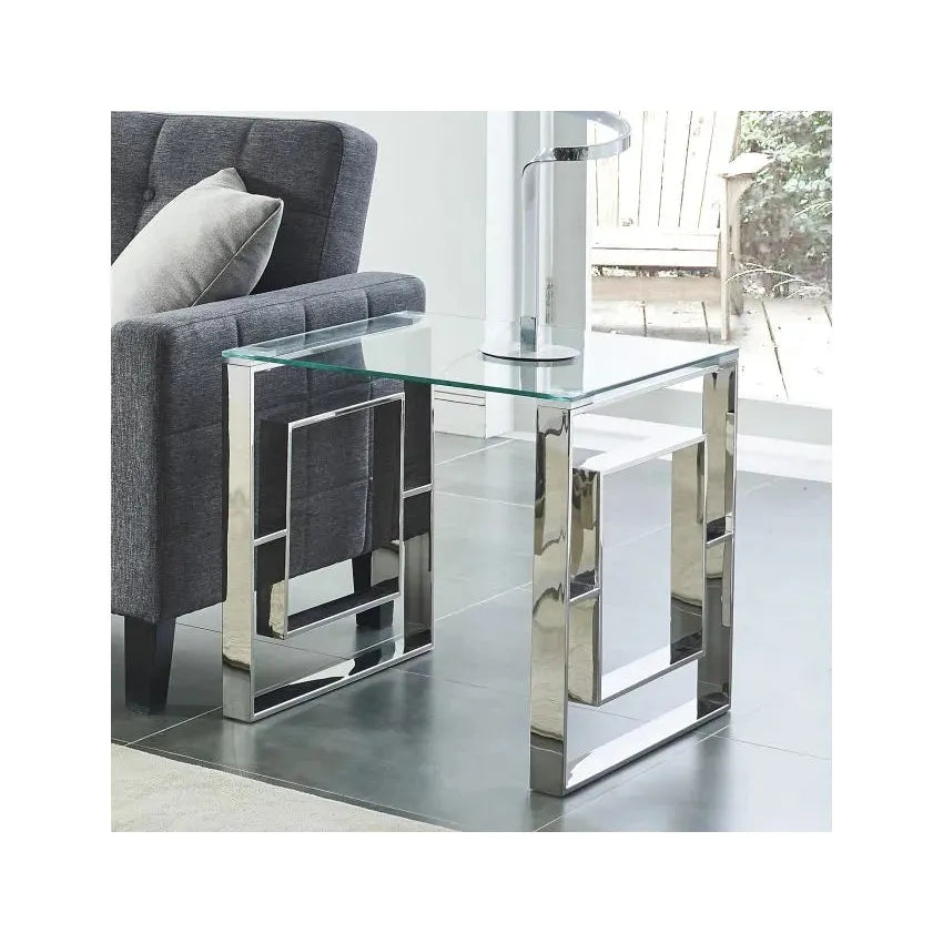 Eros Glass Accent Table – Modern Geometric Side Table in Silver or Gold