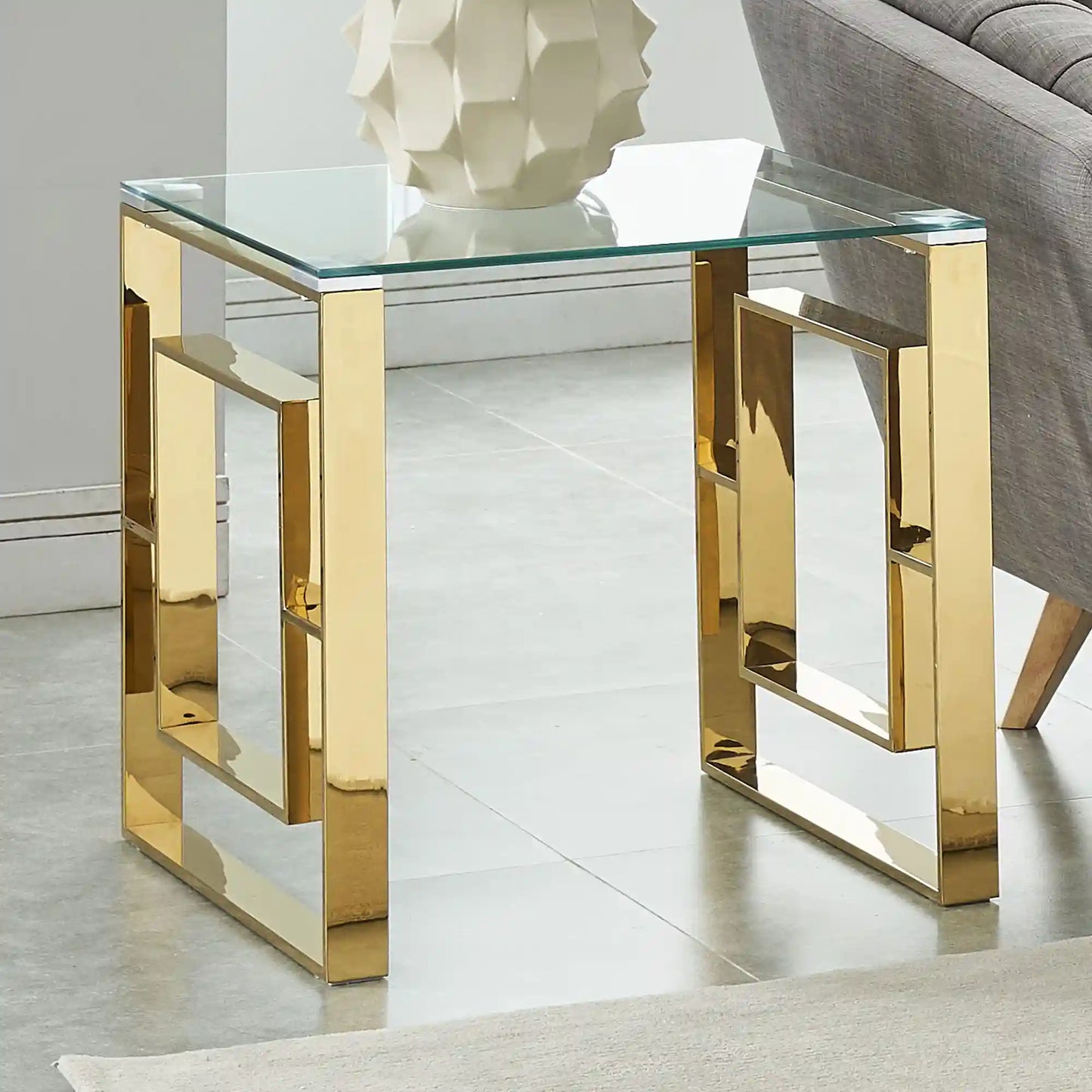 Eros Glass Accent Table – Modern Geometric Side Table in Silver or Gold