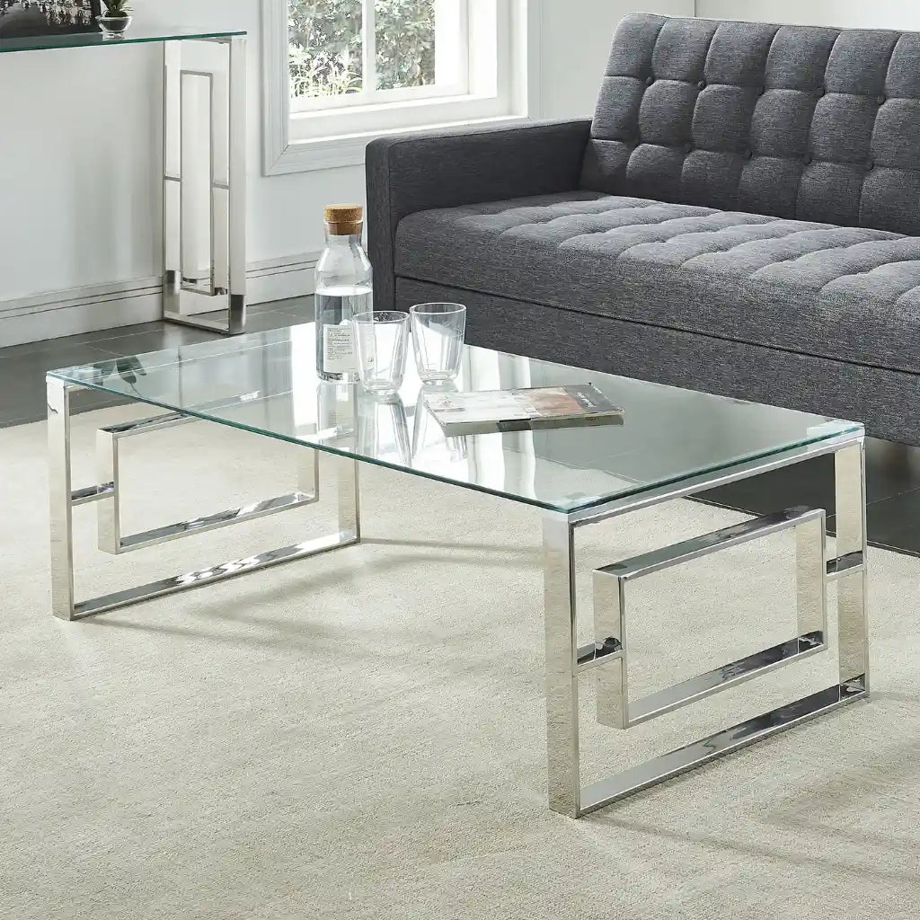 Eros Modern Glass Coffee Table With Stainless Steel Frame