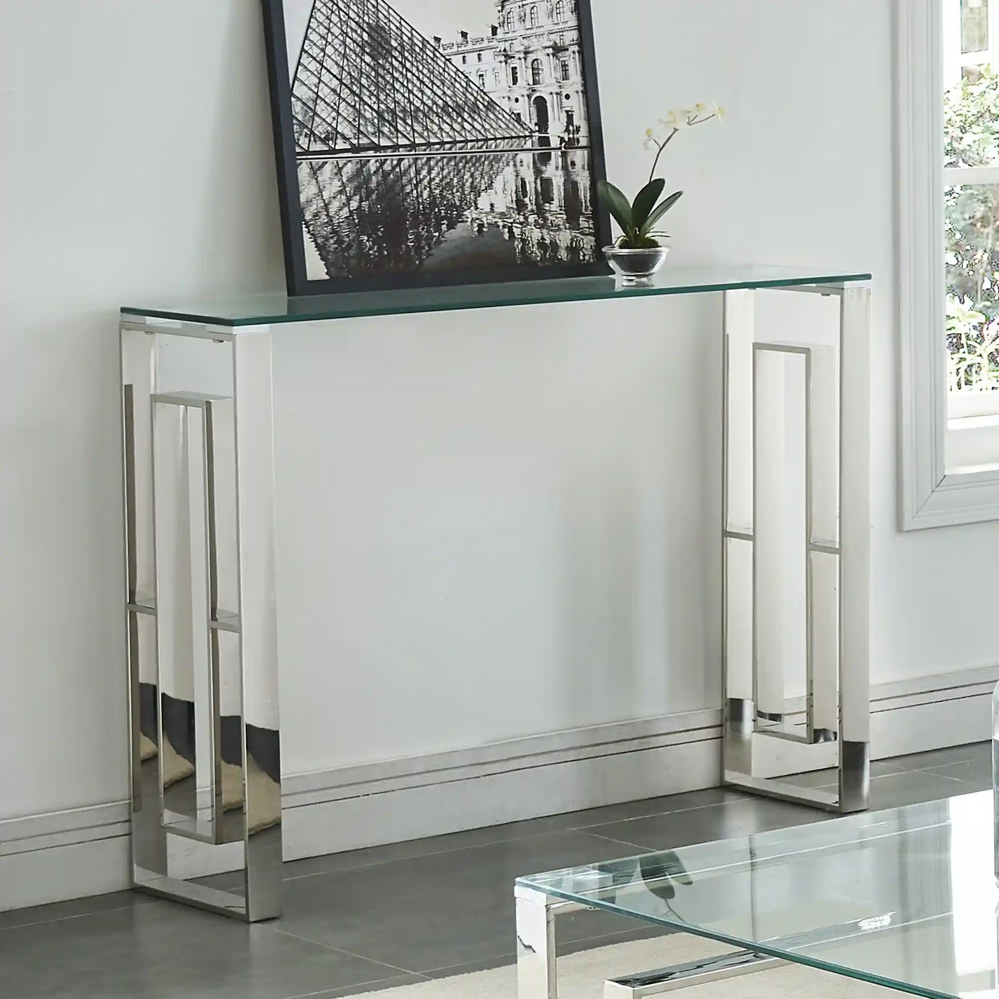 Eros Modern Glass Console Table in Silver with Stainless Steel Frame