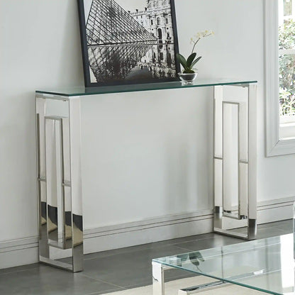 Eros Modern Glass Console Table in Silver with Stainless Steel Frame