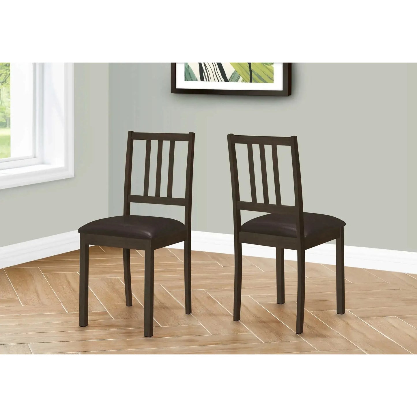 Espresso Dining Chairs - Leather-Look Seats and Slat Back Design - 2pcs
