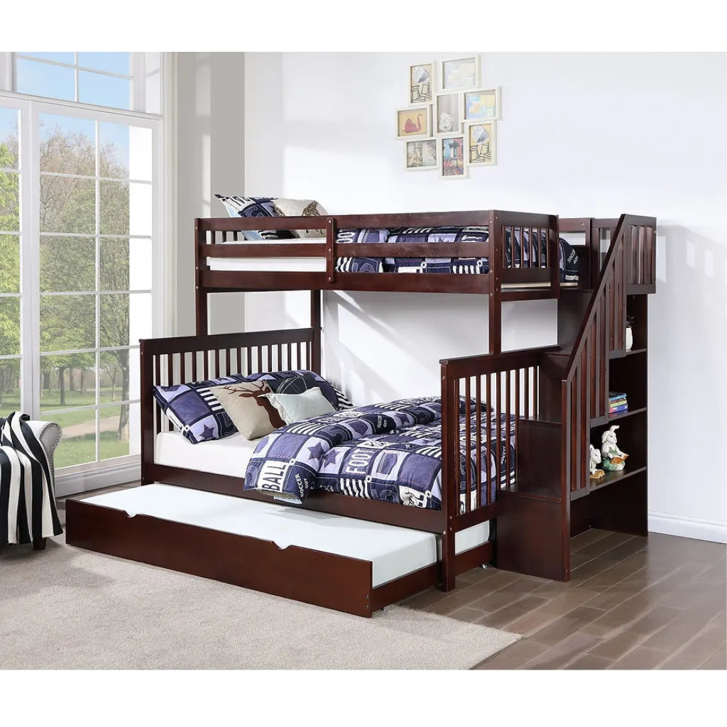 Wooden bunk bed with staircase