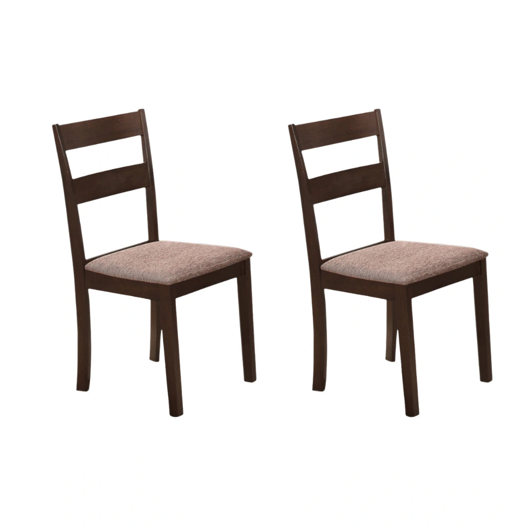 Two wooden dining chairs with upholstered fabric seats 