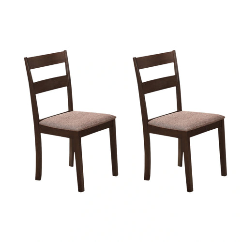Two wooden dining chairs with upholstered fabric seats 