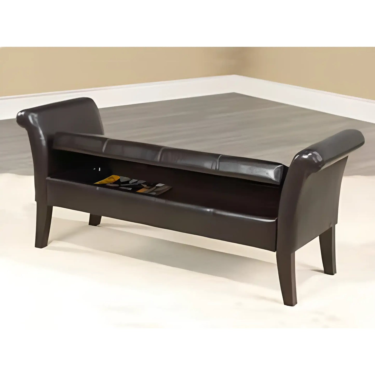 Espresso leather Bench With storage 