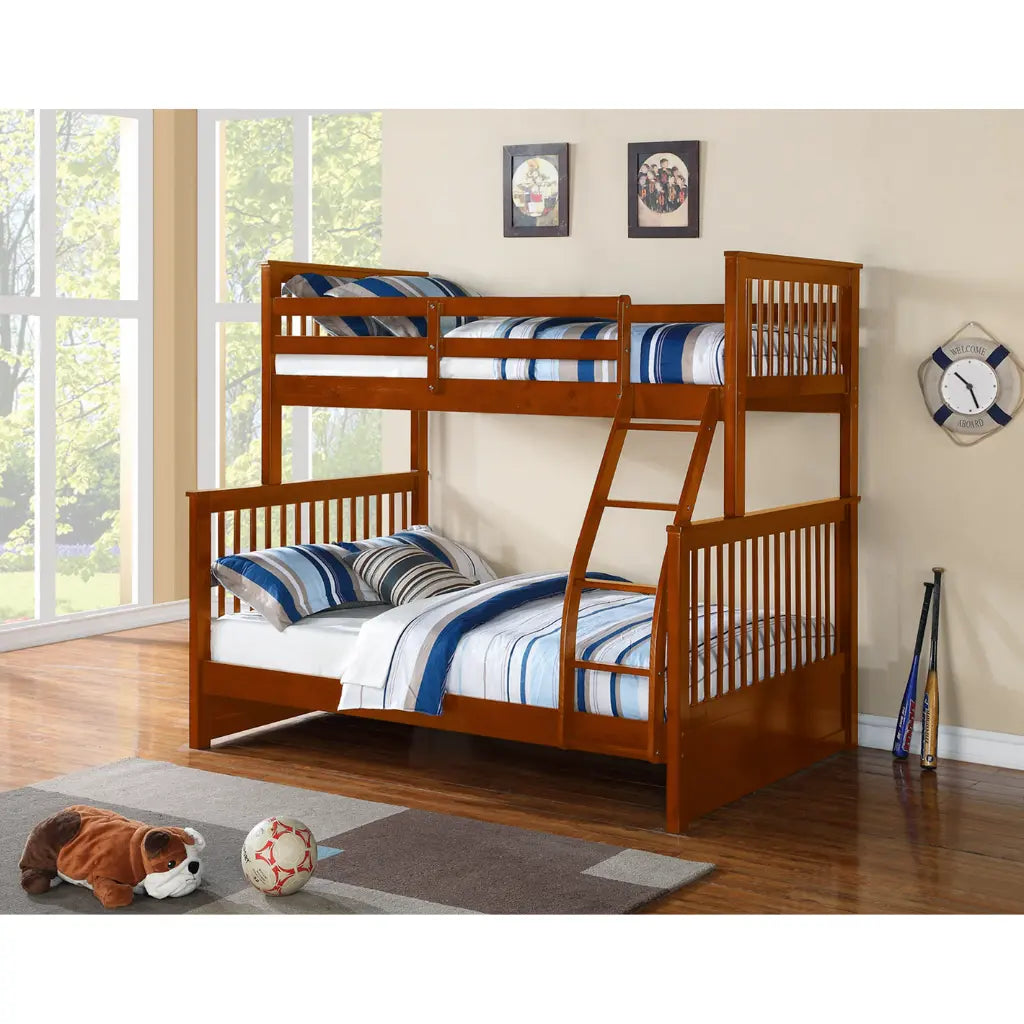 Wooden bunk bed with striped bedding 