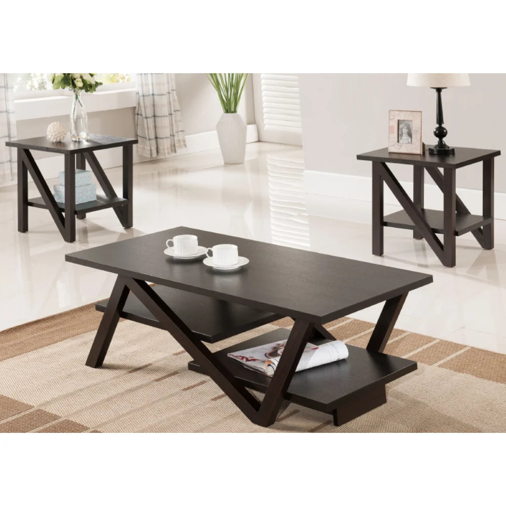 Espresso wood coffee table with two matching end tables 