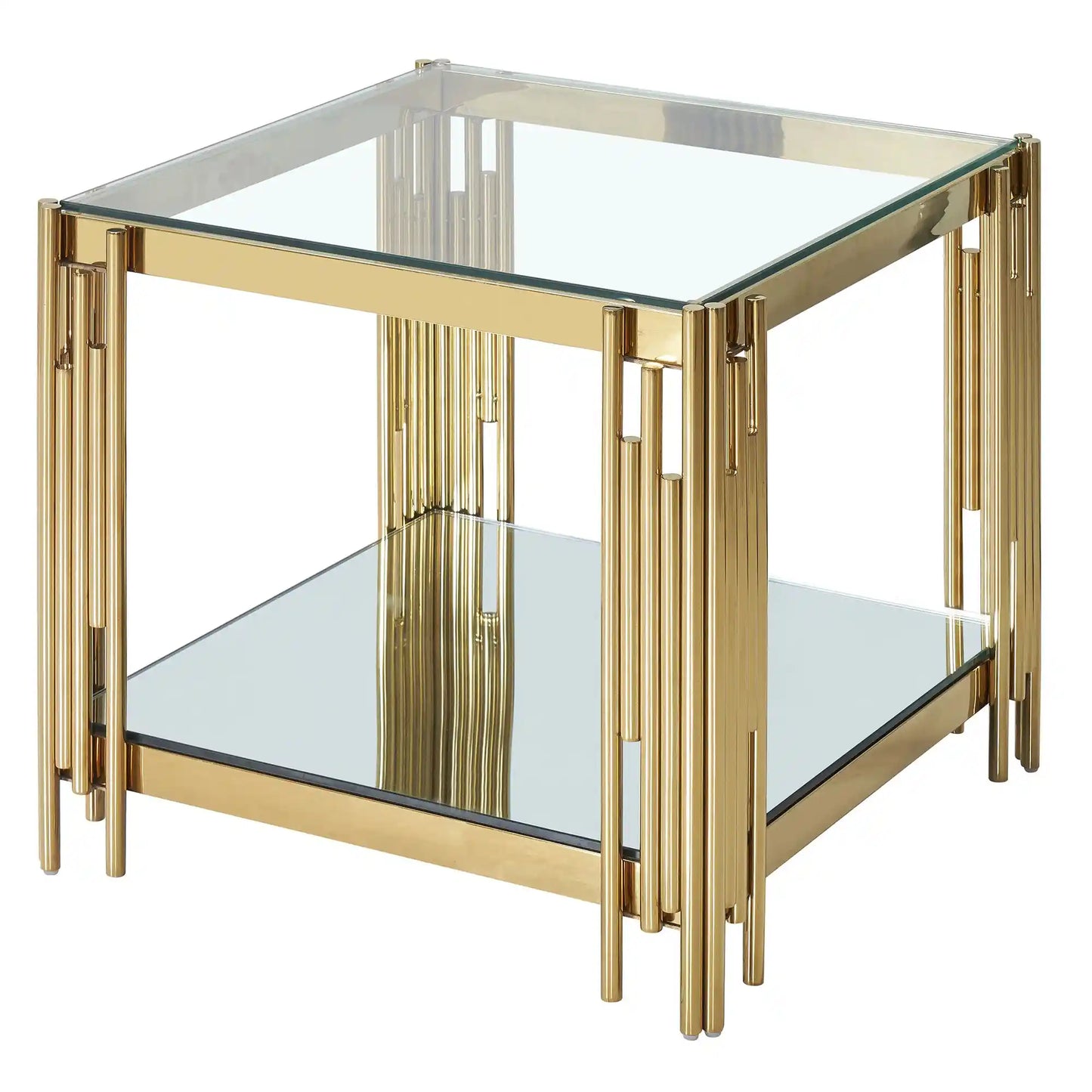 Estrel Gold Accent Table with Glass & Mirror Shelves
