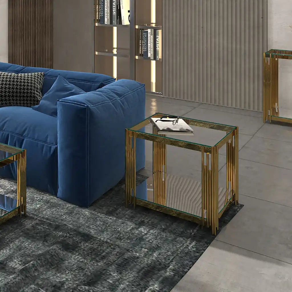 Estrel Gold Accent Table with Glass & Mirror Shelves