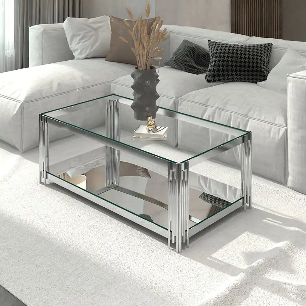 Estrel Modern Glass Coffee Table with Mirrored Shelf