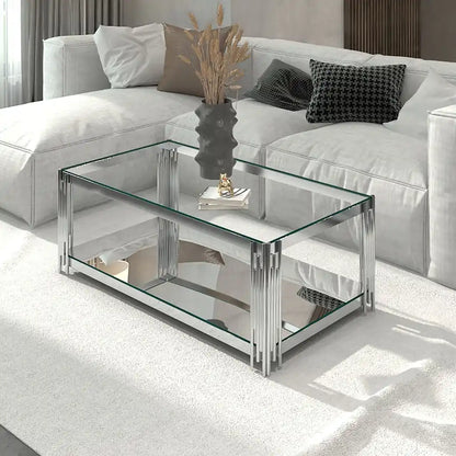 Estrel Modern Glass Coffee Table with Mirrored Shelf