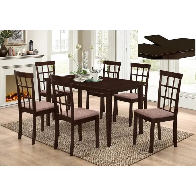 Dining room set with Espresso wood table and fabric cushioned chairs