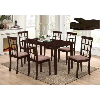 Dining room set with Espresso wood table and fabric cushioned chairs