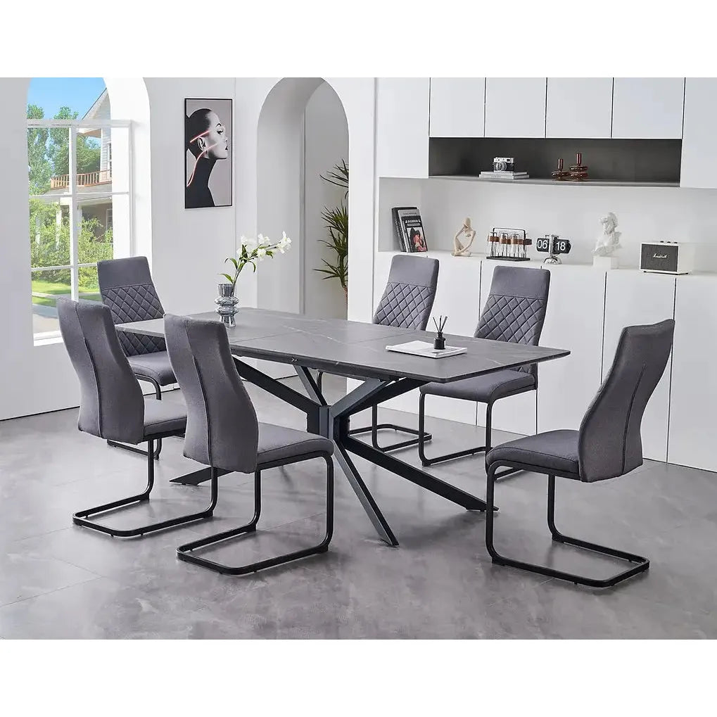 Extendable 7 Piece Dining Set with grey fabric dining chairs