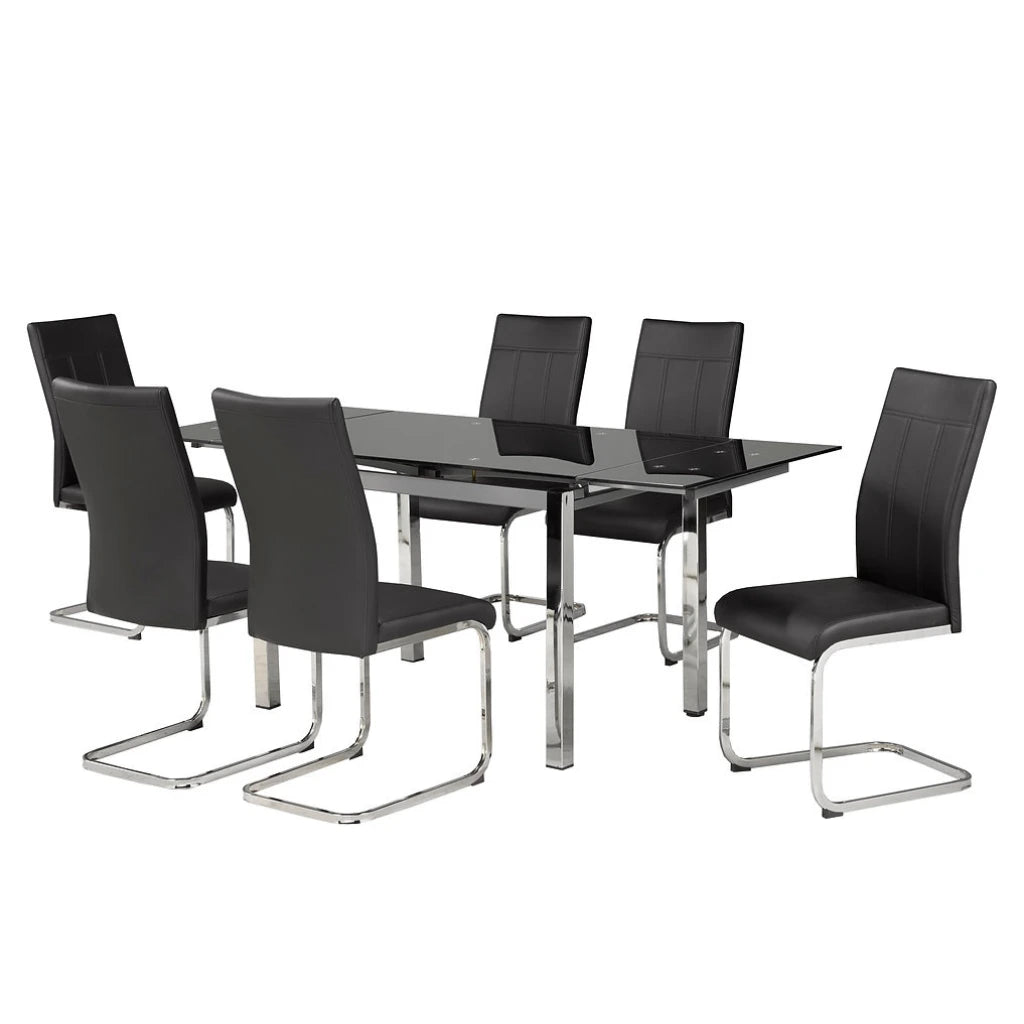 Black glass dining table set with six matching chairs