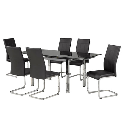 Black glass dining table set with six matching chairs