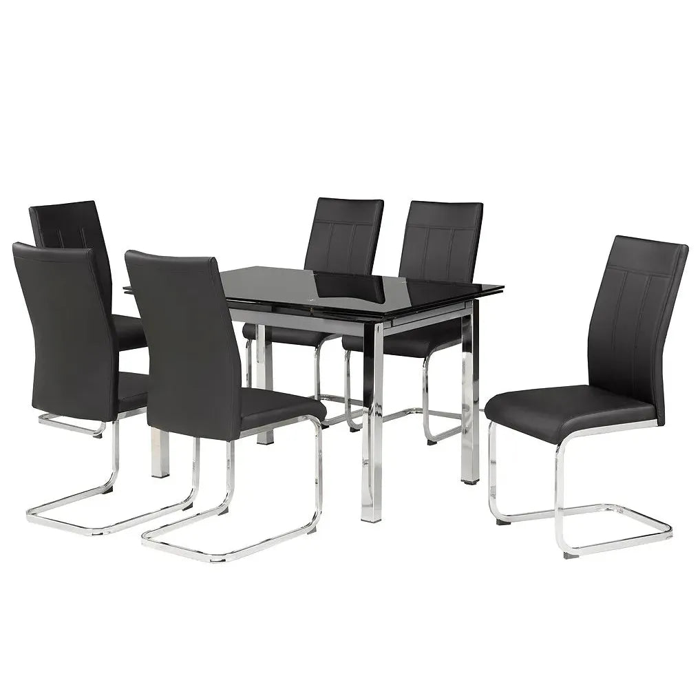 Black glass dining table with six velvet matching dining chairs 
