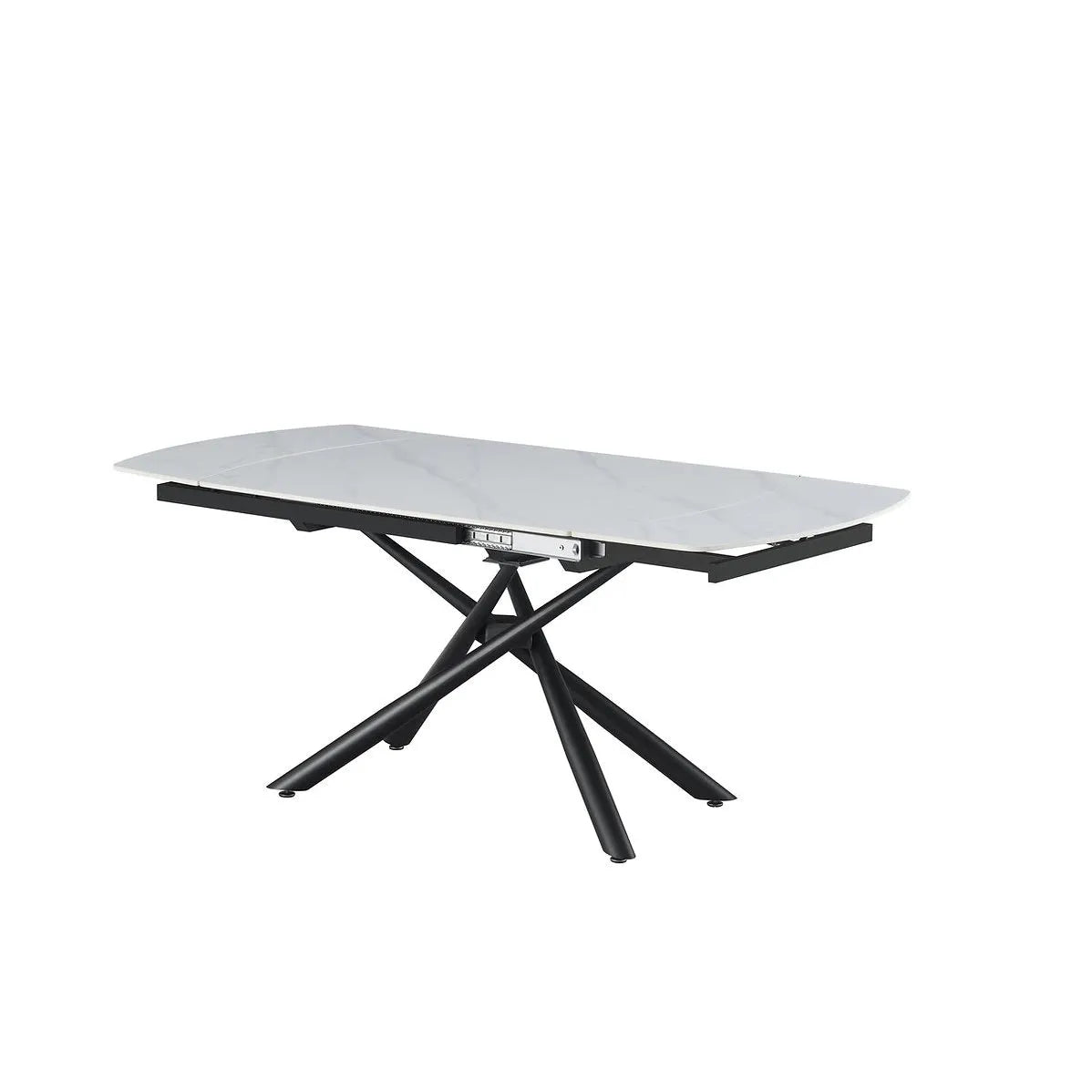 Modern Extendable Dining table with a white marble top and black metal legs 