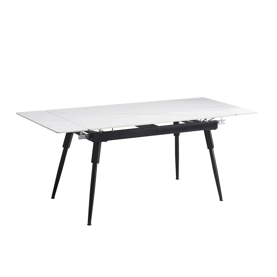 White dining table with black legs in extendable condition