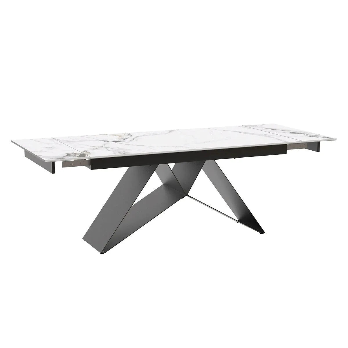 Modern dining table with marble-like top and metal legs 