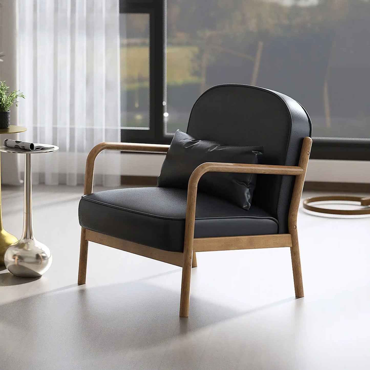 Fani Mid-Century Accent Chair with Faux Leather & Walnut Frame