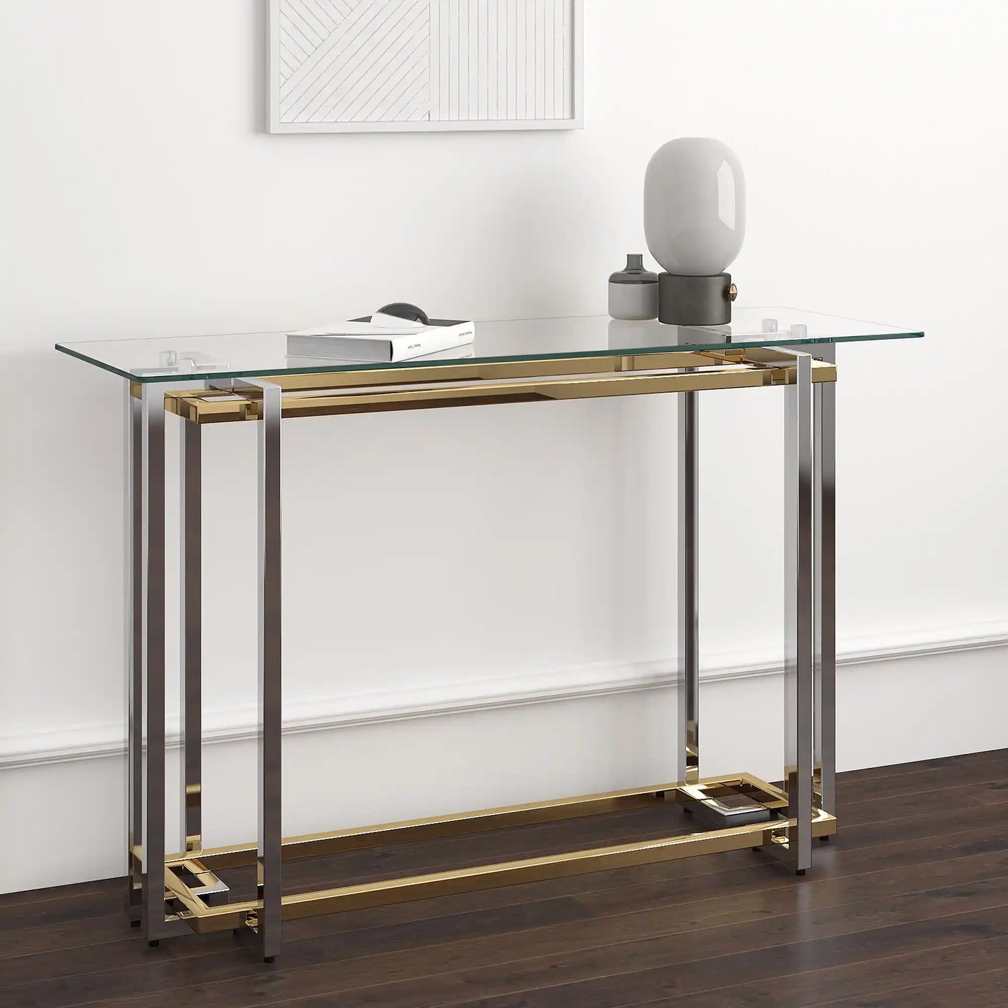 Florina Glass Console Table – Modern Silver & Gold Design
