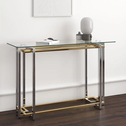 Florina Glass Console Table – Modern Silver & Gold Design
