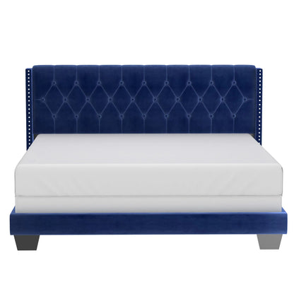 Gunner Blue Velvet Queen Bed with Tufted Headboard & Nailheads