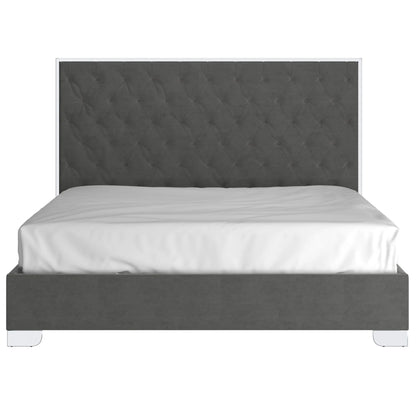 Lucille Grey Velvet Queen Bed with Diamond Tufted Headboard
